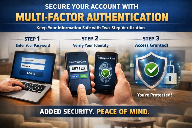 Multi-factor authentication explained: laptop sign-in page, phone authenticator app with approve/deny prompt, and 3-step MFA flow