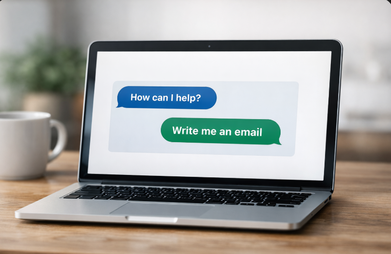 Laptop showing an AI chat conversation with 'How can I help?' and 'Write me an email' messages