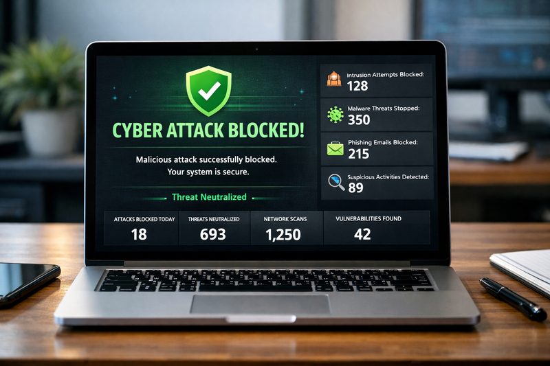 Laptop showing Cyber Attack Blocked dashboard with threat statistics and security shield